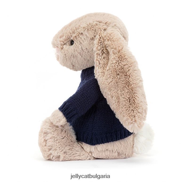 срамежливо зайче с персонализиран тъмносин пуловер бежов Jellycat играчка ZZR40147