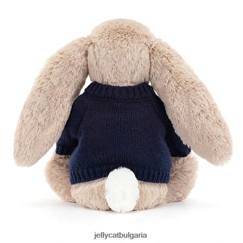 срамежливо зайче с персонализиран тъмносин пуловер бежов Jellycat играчка ZZR40147