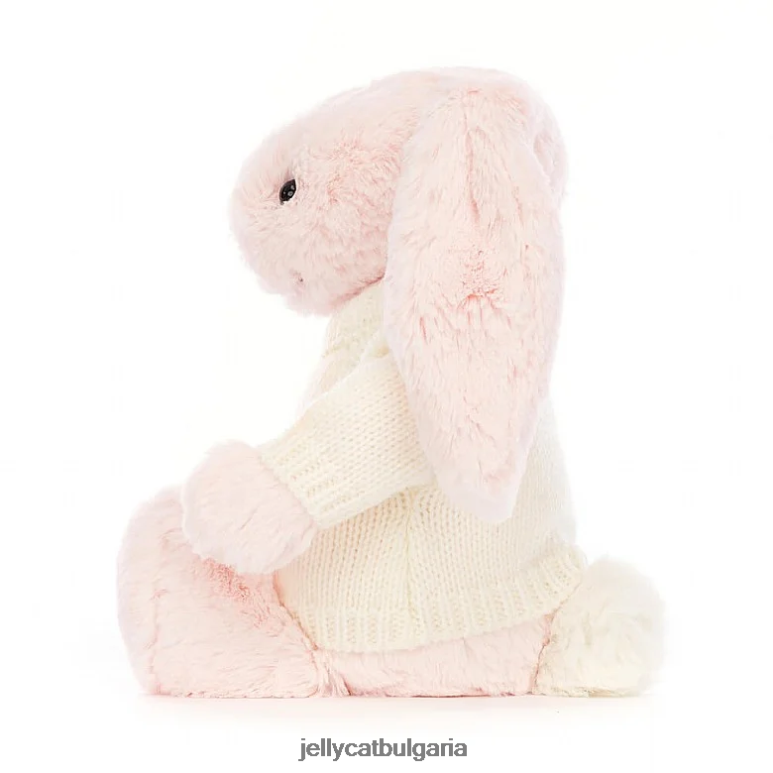 срамежливо розово зайче с персонализиран кремав пуловер бебешко розово Jellycat играчка ZZR40159
