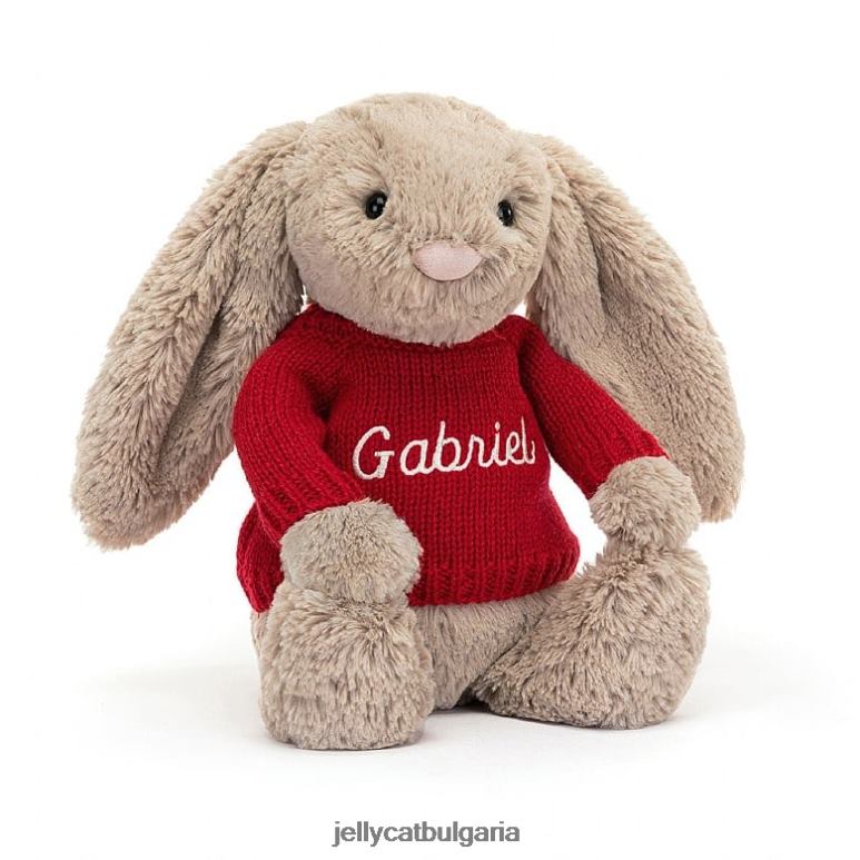срамежливо зайче с персонализиран бежов червен пуловер Jellycat играчка ZZR40178