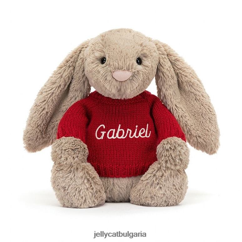 срамежливо зайче с персонализиран бежов червен пуловер Jellycat играчка ZZR40178