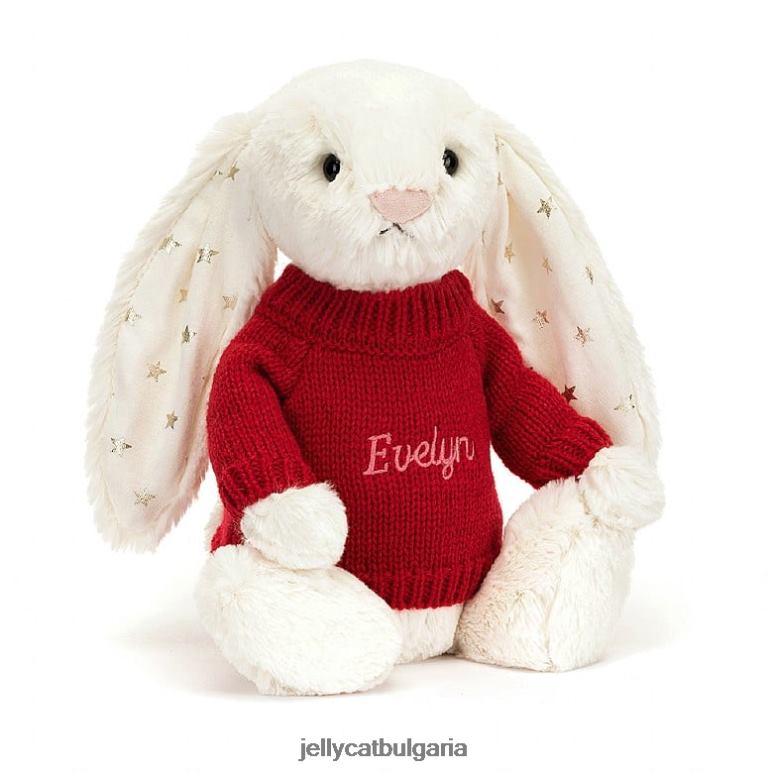 срамежливо блещукащо зайче с персонализиран червен пуловер крем Jellycat играчка ZZR40213
