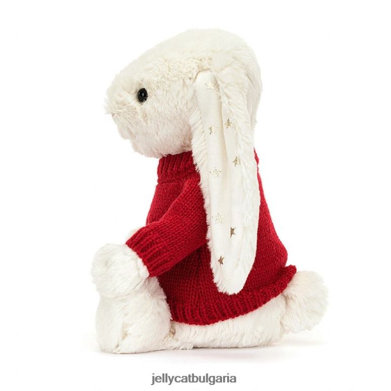 срамежливо блещукащо зайче с персонализиран червен пуловер крем Jellycat играчка ZZR40213
