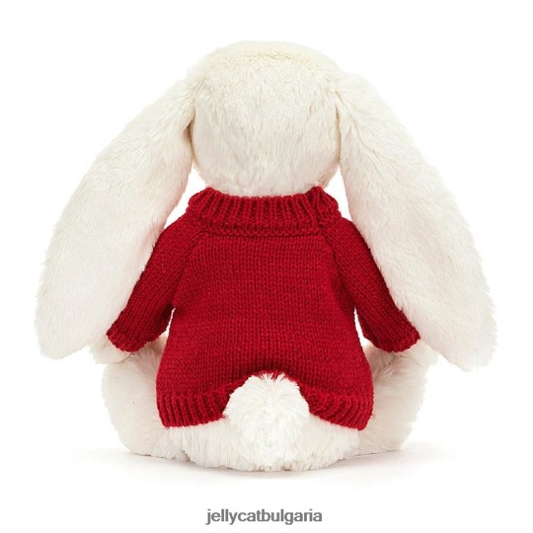 срамежливо блещукащо зайче с персонализиран червен пуловер крем Jellycat играчка ZZR40213