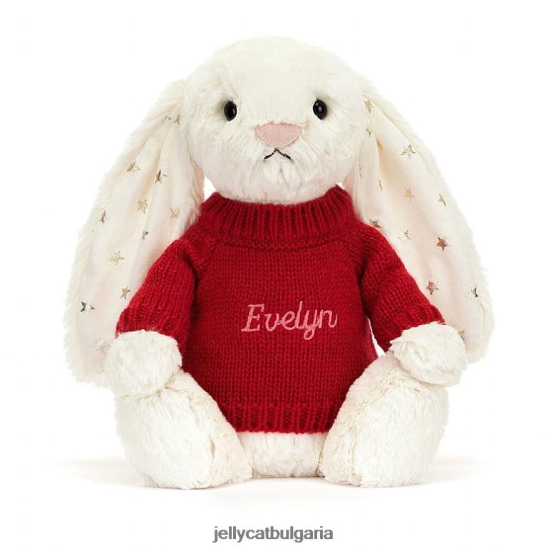 срамежливо блещукащо зайче с персонализиран червен пуловер крем Jellycat играчка ZZR40213