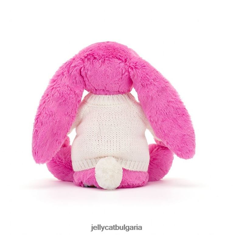 срамежливо зайче с персонализиран кремав пуловер в ярко розово Jellycat играчка ZZR40216