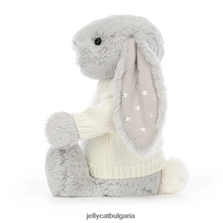 срамежливо блестящо зайче с персонализиран кремав пуловер в сиво Jellycat играчка ZZR40267