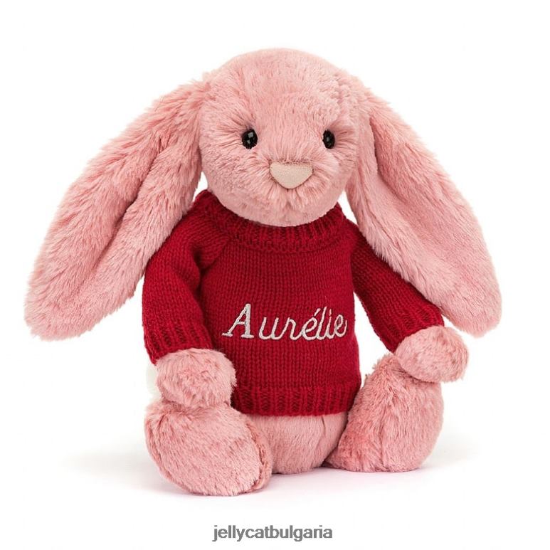 срамежливо зайче с венчелистчета с персонализиран червен пуловер, розово сорбе Jellycat играчка ZZR40299