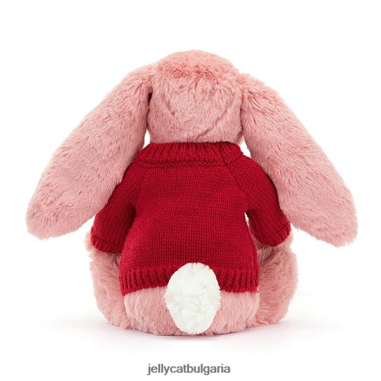 срамежливо зайче с венчелистчета с персонализиран червен пуловер, розово сорбе Jellycat играчка ZZR40299