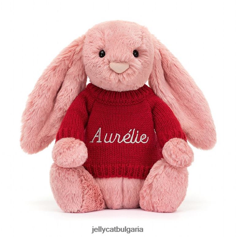 срамежливо зайче с венчелистчета с персонализиран червен пуловер, розово сорбе Jellycat играчка ZZR40299