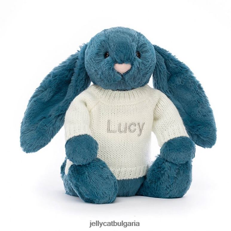 срамежливо минерално синьо зайче с персонализиран кремав пуловер колбалтово синьо Jellycat играчка ZZR40330