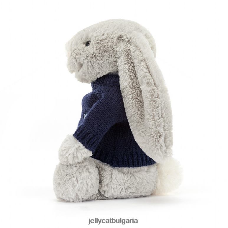 срамежливо зайче с персонализиран тъмносинен джемпер сребрист Jellycat играчка ZZR40345
