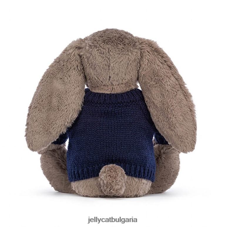 срамежливо зайче с трюфел с персонализиран тъмносин пуловер кафяво Jellycat играчка ZZR40373