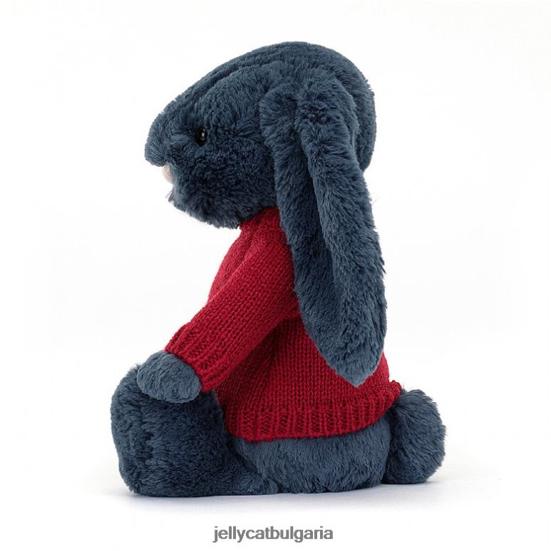 срамежливо зайче с персонализиран червен пуловер в темносин цвят Jellycat играчка ZZR40374