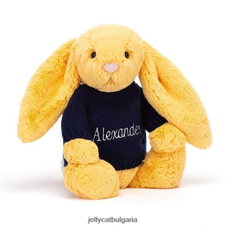 срамежливо зайче с персонализиран тъмносин джемпер слънце Jellycat играчка ZZR40390