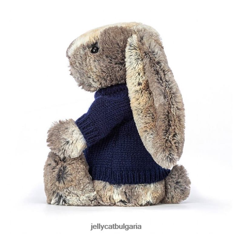 срамежливо зайче от памучна опашка с персонализиран тъмносин пуловер в сиво Jellycat играчка ZZR40397