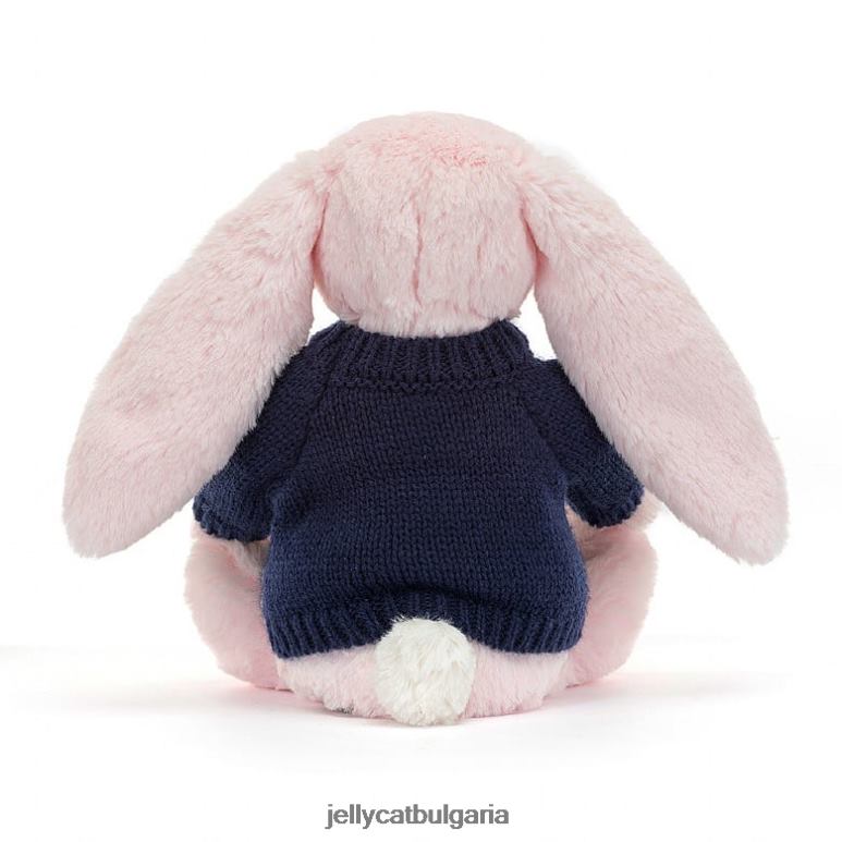срамежливо розово зайче с персонализиран тъмносин пуловер бебешко розово Jellycat играчка ZZR40398