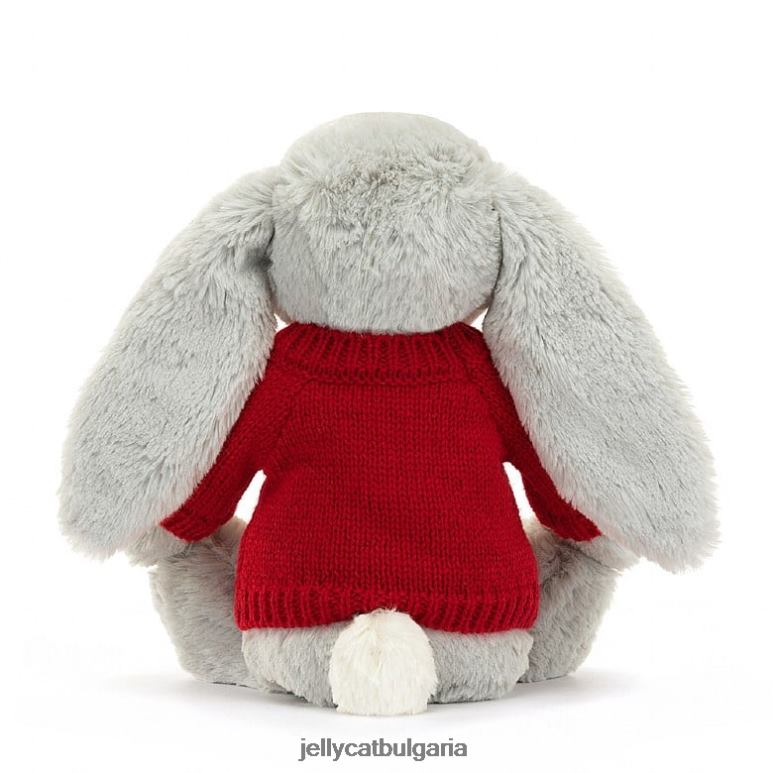 срамежливо блестящо зайче с персонализиран червен пуловер в сиво Jellycat играчка ZZR40416