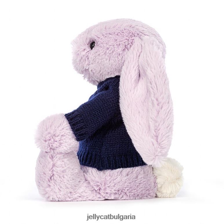 срамежливо зайче с персонализиран тъмносин джемпер люляк Jellycat играчка ZZR40453