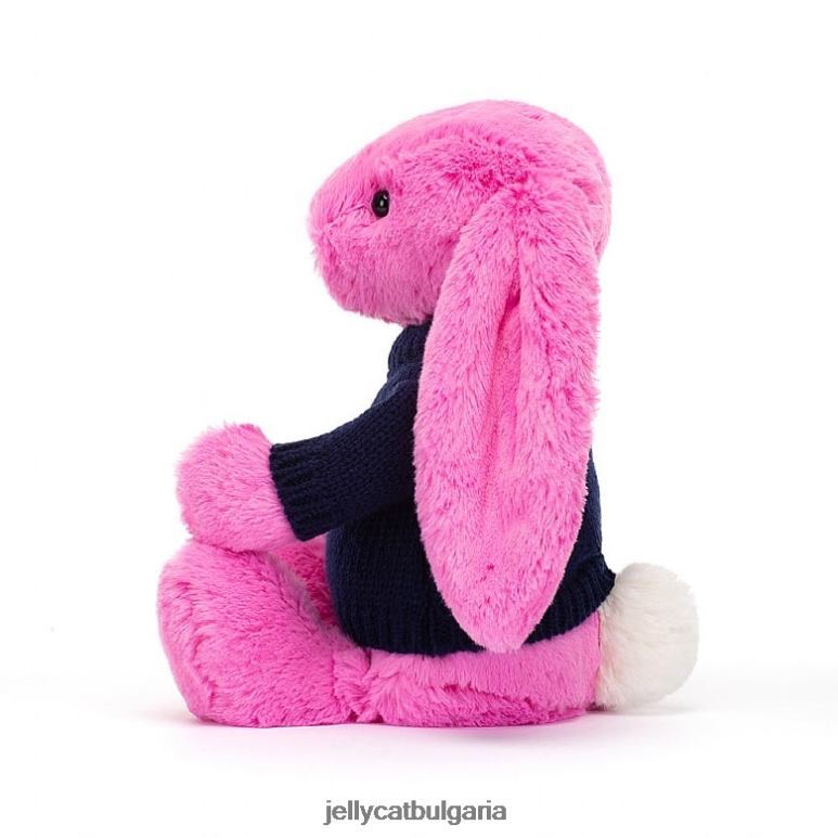 срамежливо зайче с персонализиран тъмносин пуловер в ярко розово Jellycat играчка ZZR40470