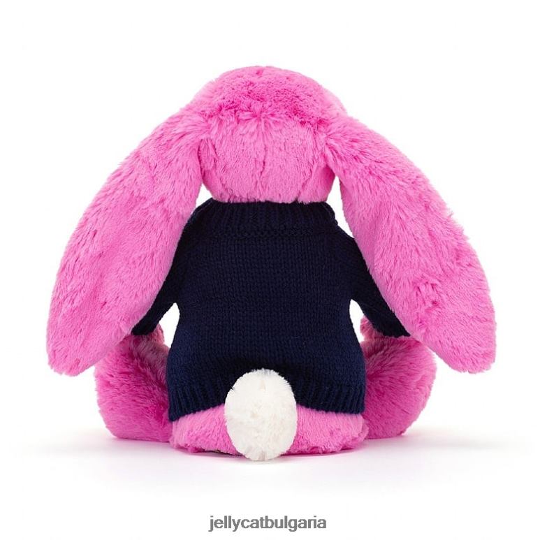 срамежливо зайче с персонализиран тъмносин пуловер в ярко розово Jellycat играчка ZZR40470