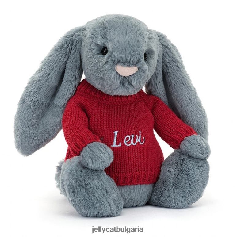 срамежливо тъмно зайче с персонализиран червен джемпер син Jellycat играчка ZZR40473