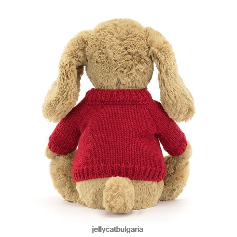 срамежливо карамелно кученце с персонализиран бежов червен пуловер Jellycat играчка ZZR40158