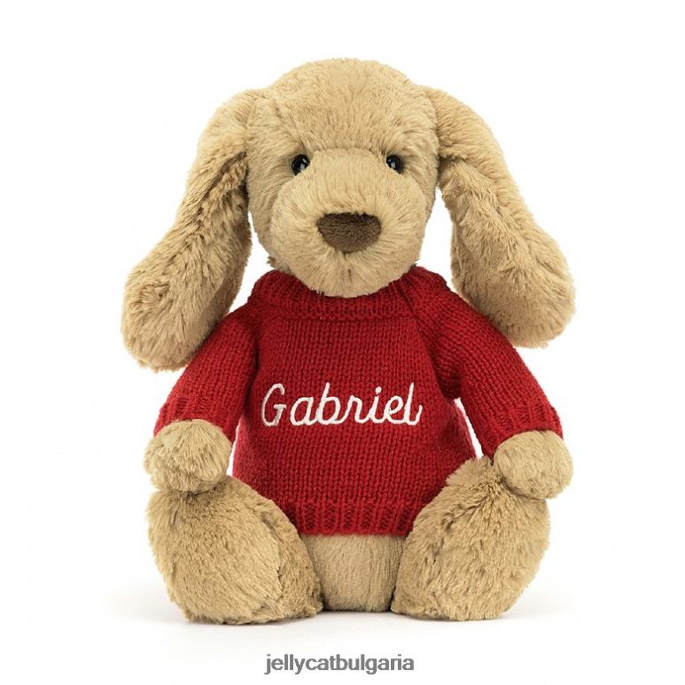 срамежливо карамелно кученце с персонализиран бежов червен пуловер Jellycat играчка ZZR40158