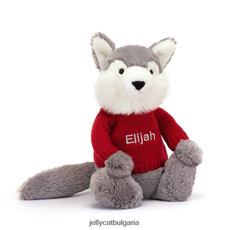 срамежлив вълк с персонализиран червен пуловер в сиво и бяло Jellycat играчка ZZR40241