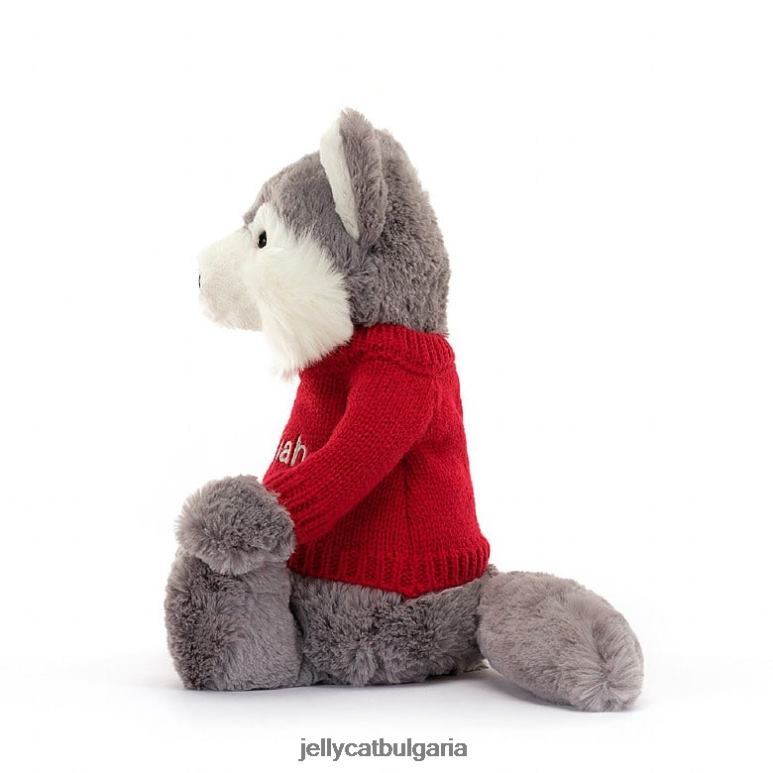 срамежлив вълк с персонализиран червен пуловер в сиво и бяло Jellycat играчка ZZR40241