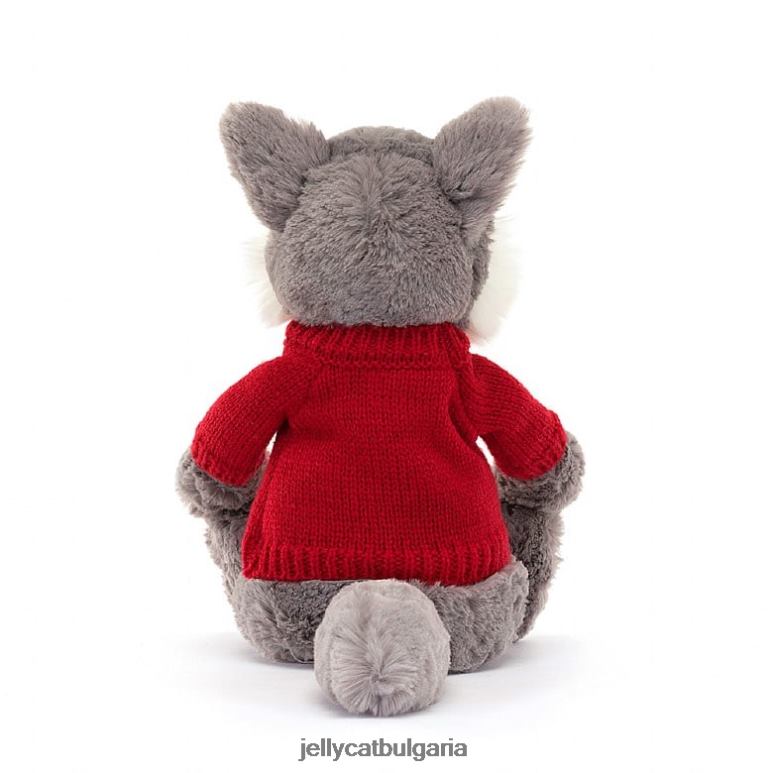срамежлив вълк с персонализиран червен пуловер в сиво и бяло Jellycat играчка ZZR40241