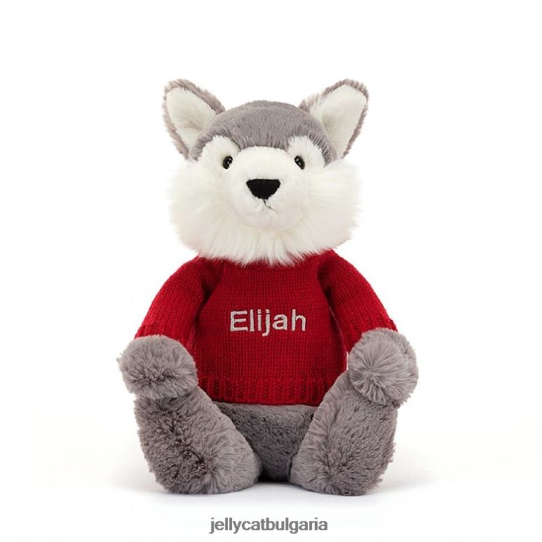 срамежлив вълк с персонализиран червен пуловер в сиво и бяло Jellycat играчка ZZR40241