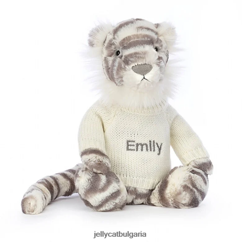 срамежлив снежен тигър с персонализиран кремав пуловер в сиво и бяло Jellycat играчка ZZR40578
