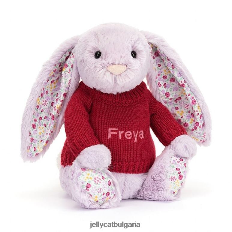 цъфтящо жасминово зайче с персонализиран червен лилав джъмпър Jellycat играчка ZZR40399