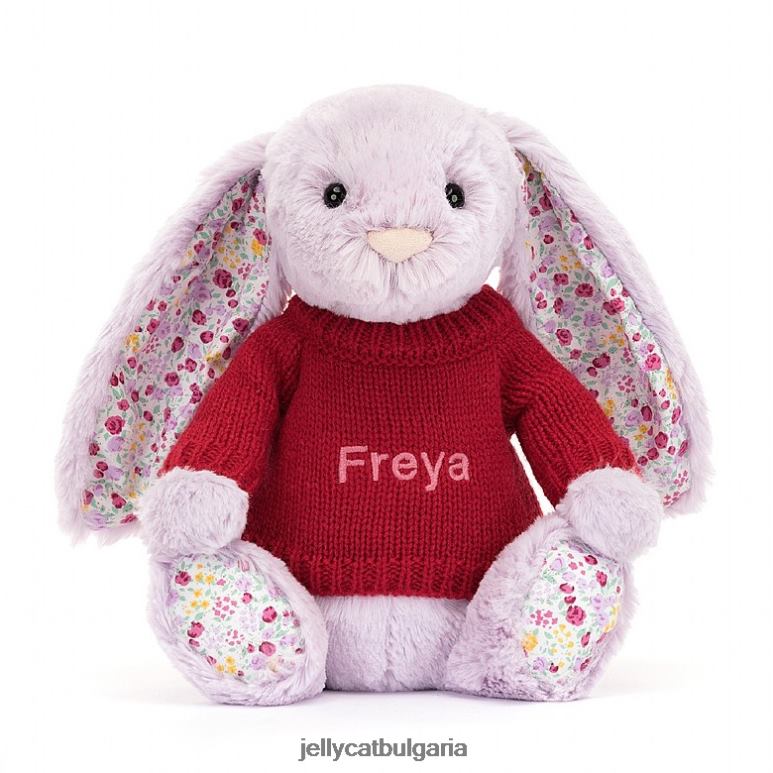 цъфтящо жасминово зайче с персонализиран червен лилав джъмпър Jellycat играчка ZZR40399