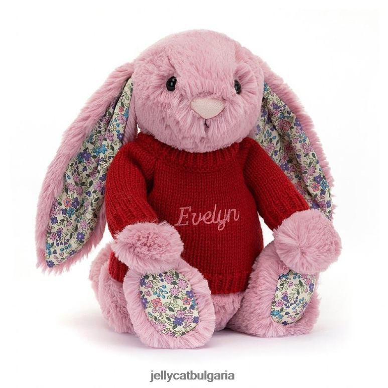 цъфтящо зайче лале с персонализиран розов червен пуловер Jellycat играчка ZZR40430