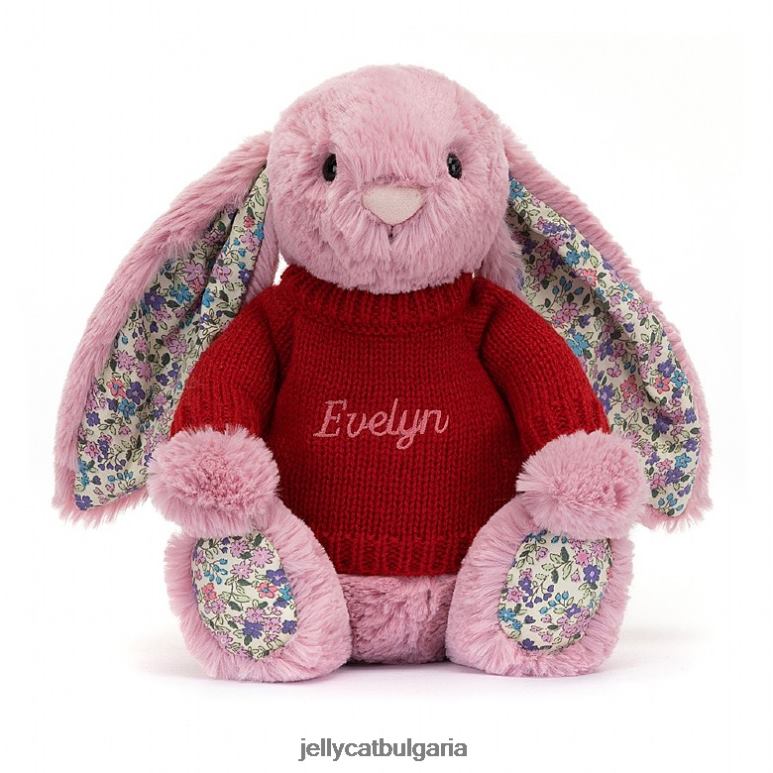 цъфтящо зайче лале с персонализиран розов червен пуловер Jellycat играчка ZZR40430