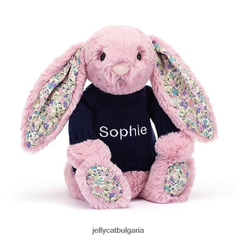 цъфтящо зайче лале с персонализиран розов тъмносин пуловер Jellycat играчка ZZR40466