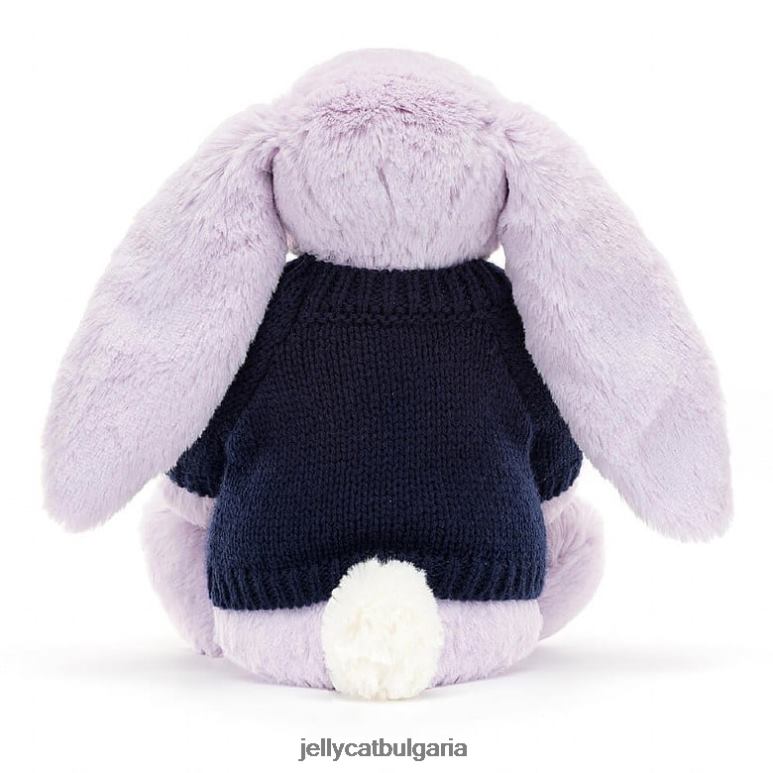 цъфтящо жасминово зайче с персонализиран тъмносинен пуловер в лилаво Jellycat играчка ZZR40472