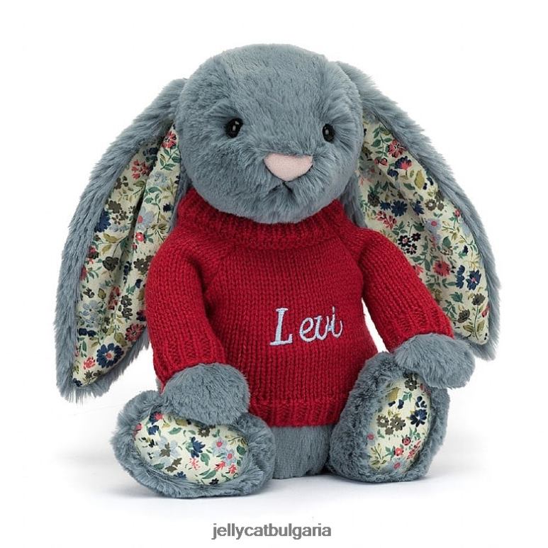 цветно тъмно зайче с персонализиран червен джемпер син Jellycat играчка ZZR40474