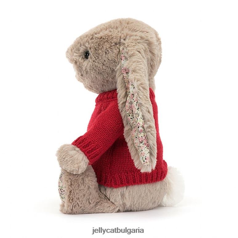 blossom bea зайче с персонализиран червен пуловер в бежово Jellycat играчка ZZR40334