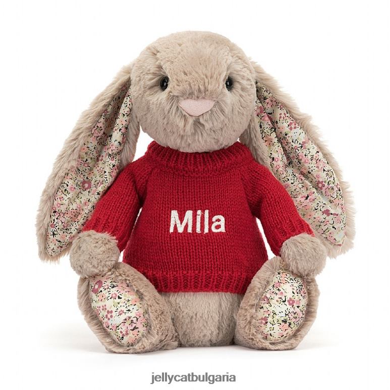 blossom bea зайче с персонализиран червен пуловер в бежово Jellycat играчка ZZR40334