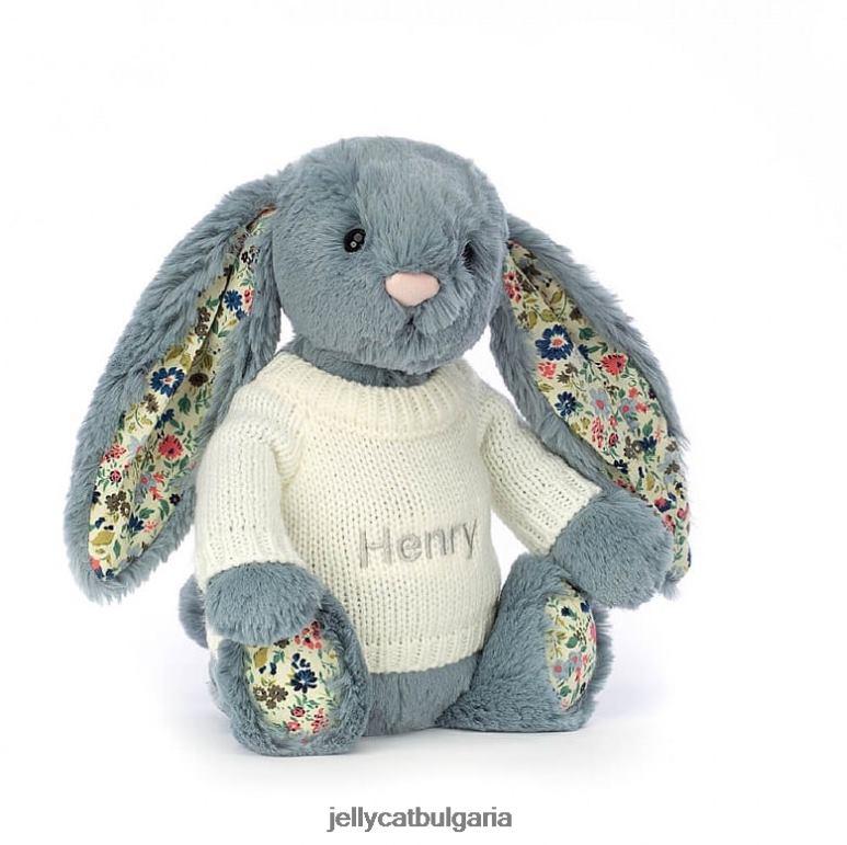 blossom dusky с персонализиран кремав пуловер син Jellycat играчка ZZR40331